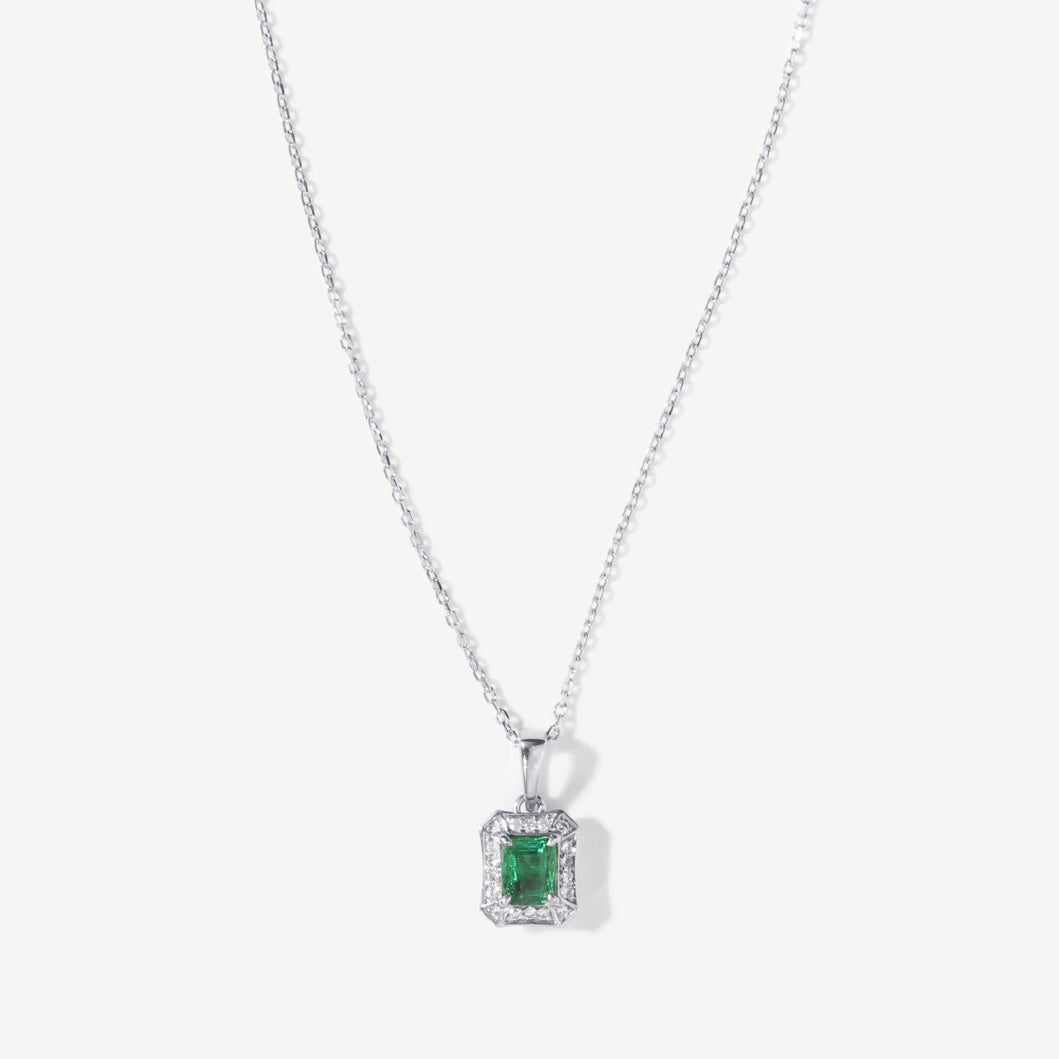 18K Solid Gold Colombian Emerald Diamond Necklace